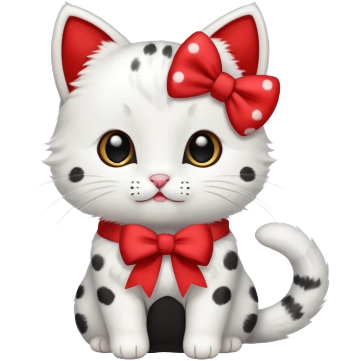 small white kitty, black spots, wearing a red bow, sweet and friendly emoji
