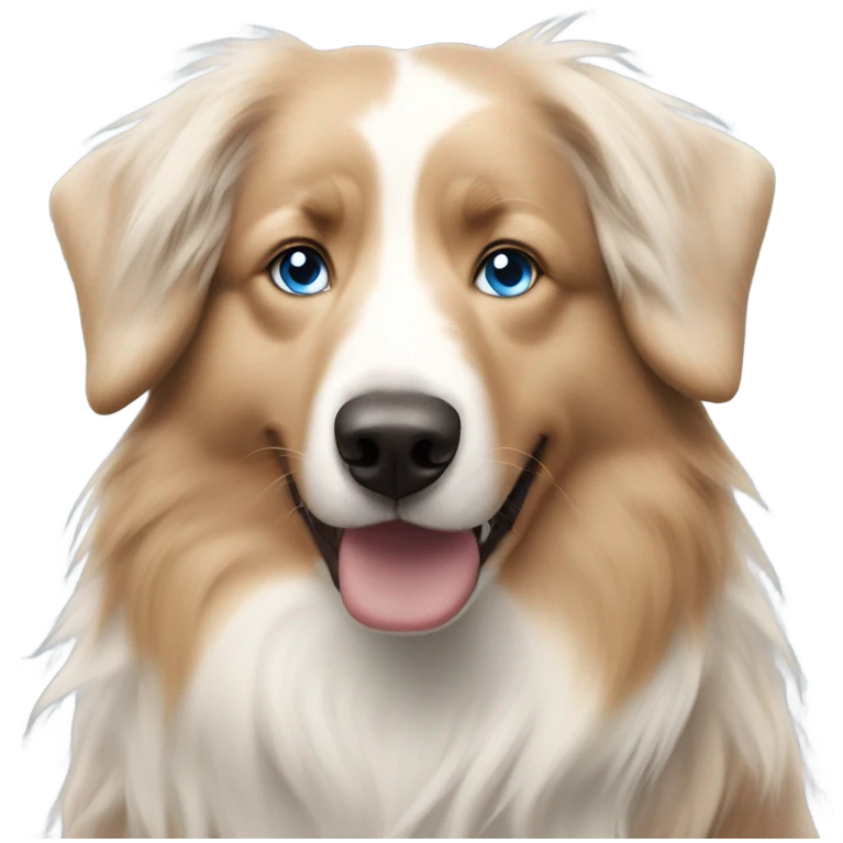 woman with blue eyes and long straight blonde hair is holding a very fluffy australian shepherd  emoji
