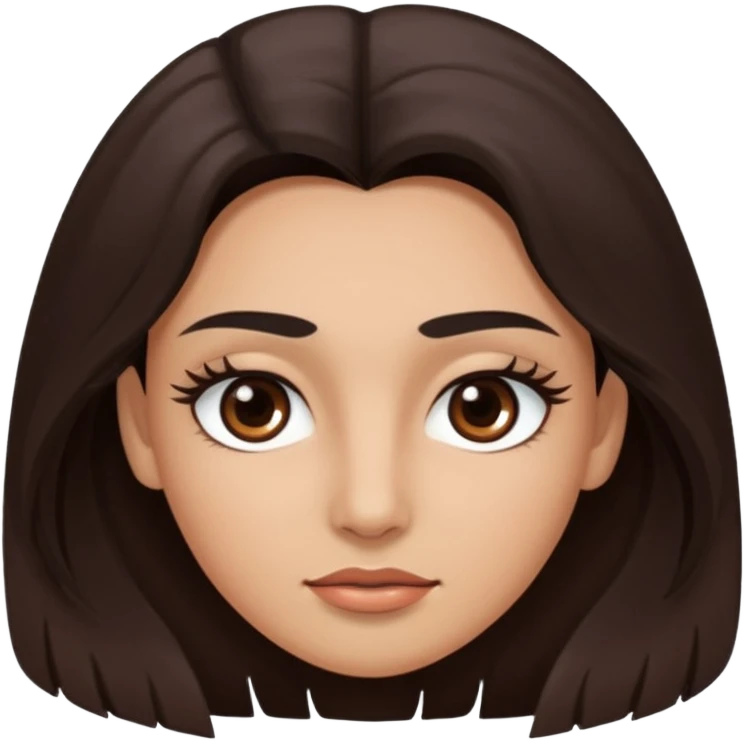 Rostro de forma ovalada con facciones delicadas. Ojos grandes y expresivos de color café oscuro, con pestañas largas y definidas. Cejas oscuras, pobladas y bien formadas color de piel trigeña y cabello largo emoji