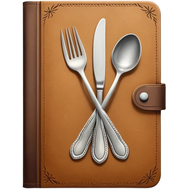 Closed cookbook with a fork and spoon symbol on the cover – collection of recipes emoji