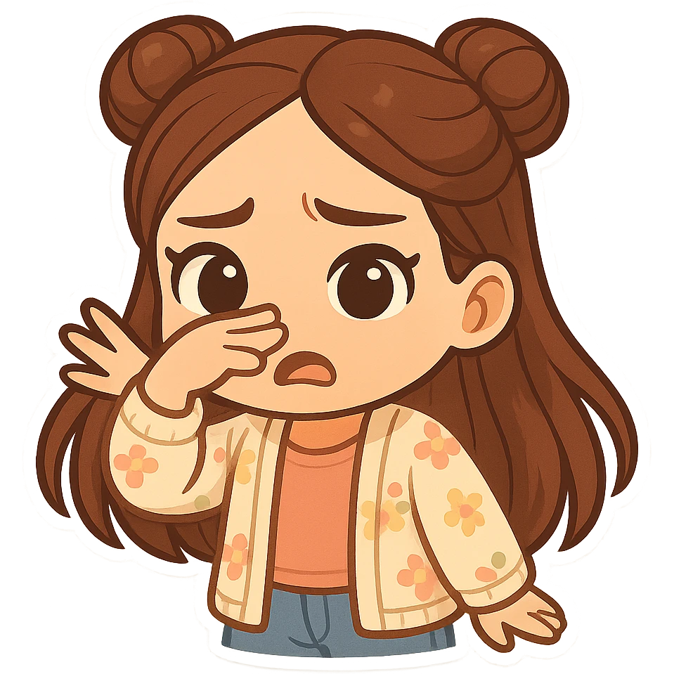 Create a chibi sticker of the girl from the reference image, waving her hand in front of her nose as if something smells bad. She has brown straight hair styled in double buns, brown eyes, wearing a pastel floral cardigan and jeans. The sticker should have a white outline and a transparent background, sized 512x512px. emoji