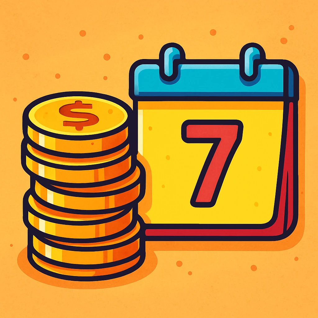stack of coins with a calendar page showing '7', representing a weekly coin bonus, colorful cartoon style emoji