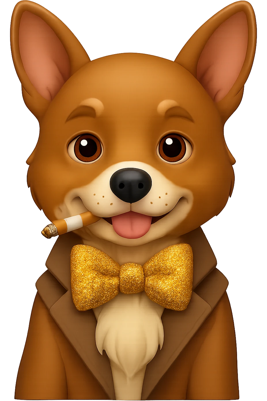 Add a glittery bow tie to the dog while keeping the cigarette. Style should resemble Apple style emojis with transparent background. Keep the background transparent. emoji