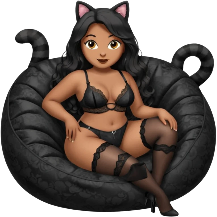 Curvy woman with brown skin with long wavy black hair, dark brown eyes. She's wearing a see through black lace cat suit, black lace thong, black stockings and suspender belt, she's sat on a big dark grey bean bag chair, she has her legs open emoji