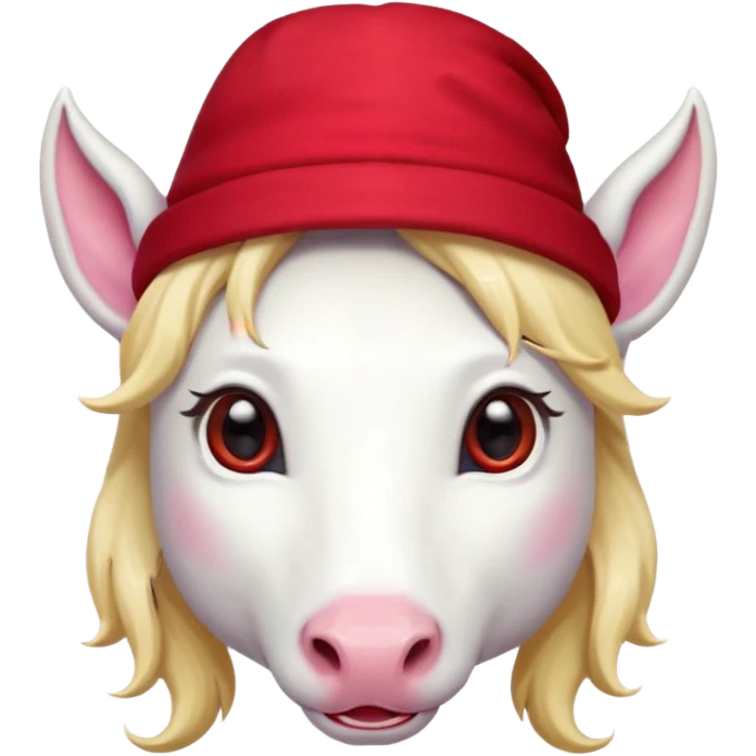 unicorn face cute wearing cute red hat, horn piercing through the hat looking in the camera, blond hair and spectacled emoji