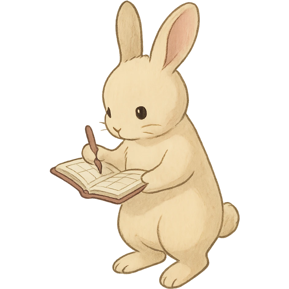 cream bunny writing in planner, standing, soft Ghibli style emoji