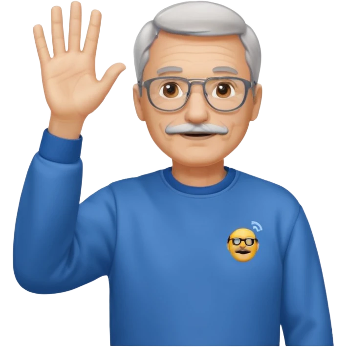 60 yr man with partially gray hair, mustache, light glasses, sweatshirt, waving hello emoji