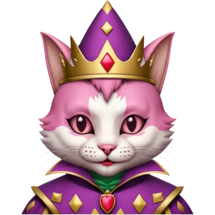 court jester cat medieval, single poker card joker clearly visible, pink, face only emoji