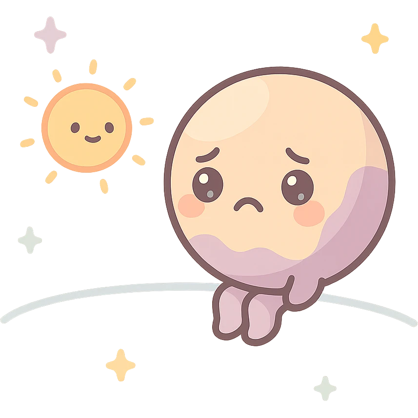 a lonely Pluto sitting on the edge of the solar system, looking back at the sun with a sad expression, wishing to be a planet again, cute kawaii style emoji