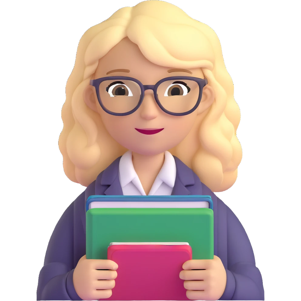 strict and fair blonde math teacher with glasses holding a math book emoji