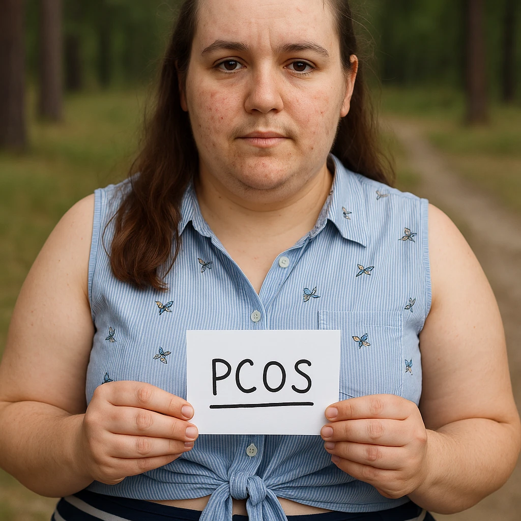 Realistic woman with PCOS inspired by the reference photo, realistic face and body with acne marks, facial hair on chin, thin hair, slightly overweight, similar clothing, natural environment, hyperrealistic 4K details. emoji