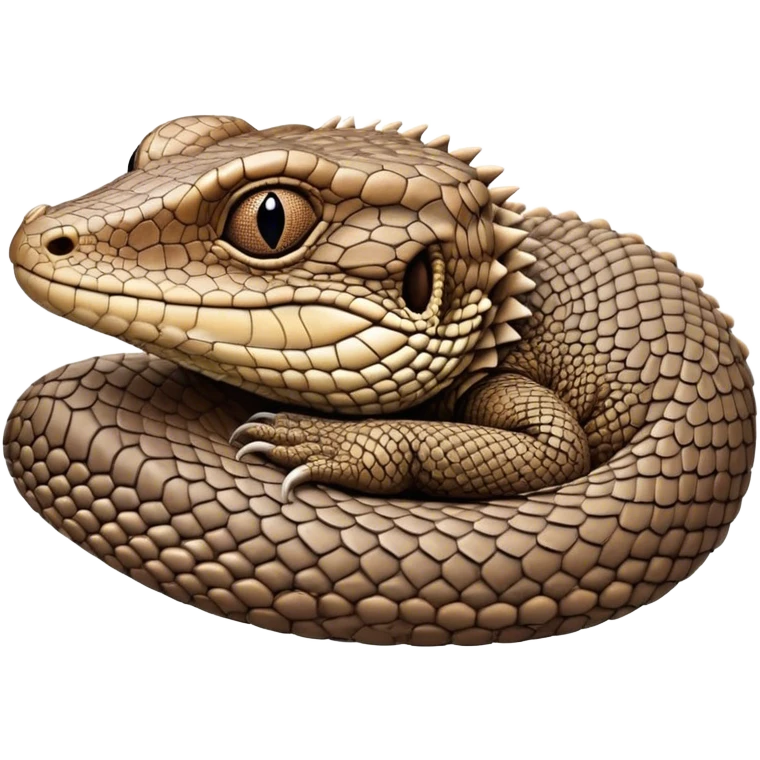 Meme-Worthy cute Sleeping brown camo spotted monitor Lizard Portrait Emoji, Head resting peacefully with a contented smile, showcasing intricately patterned scales and eyes gently closed in serene slumber, Simplified yet comically adorable features, highly detailed, glowing with a soft, drowsy earthy light, high shine, relaxed and utterly lovable, stylized with an air of playful laziness, bright and heartwarming, soft glowing outline, capturing the essence of a sleeping reptilian guardian that feels destined to become the next viral icon of adorable rest! emoji