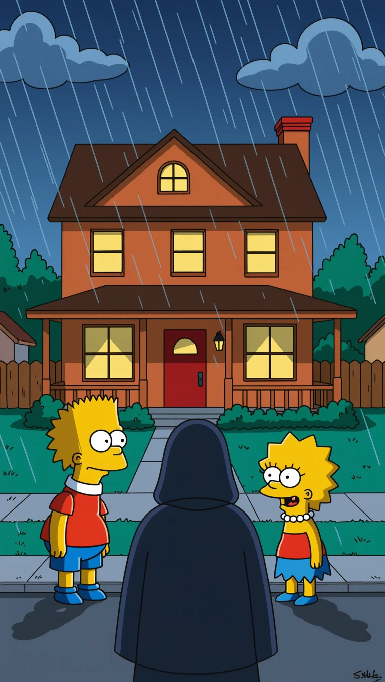 Springfield sous la pluie, la nuit. Une silhouette encapuchonnée observe la maison des Simpson. emoji