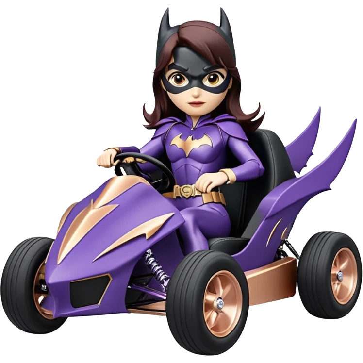 Hot full size real size-appearance electric road racing sexy BatGirl’s feminine midnight-colored tight outfit sixty’s tv show inspired dark stealthy sporty safe plush deluxe off-road pursuit cruiser car rose gold accents (black hair,reclined and relaxed torso and shoulders seating position) go kart  emoji