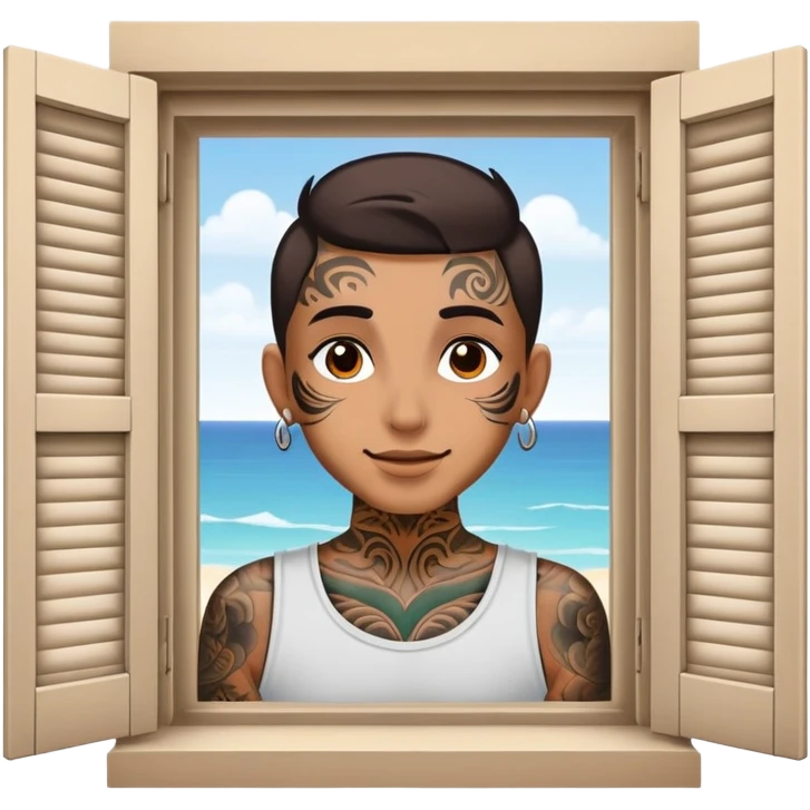 person with face tattoo looking out, and opens window shutters happy emoji