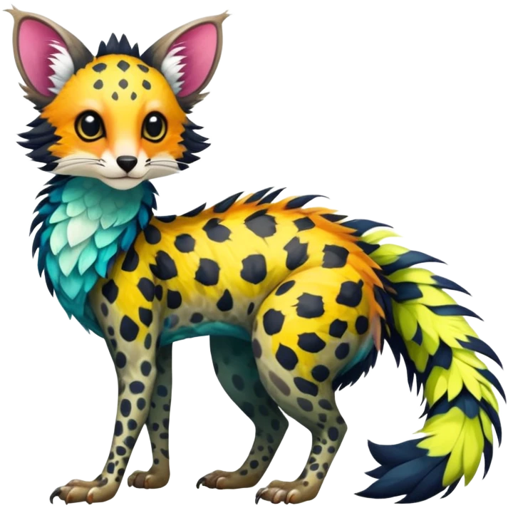 Feral Rare Fantasy vibrant tropical Vernid-Trico-species by LiLaiRa, random markings, tufted tail, tufted ears, full body emoji