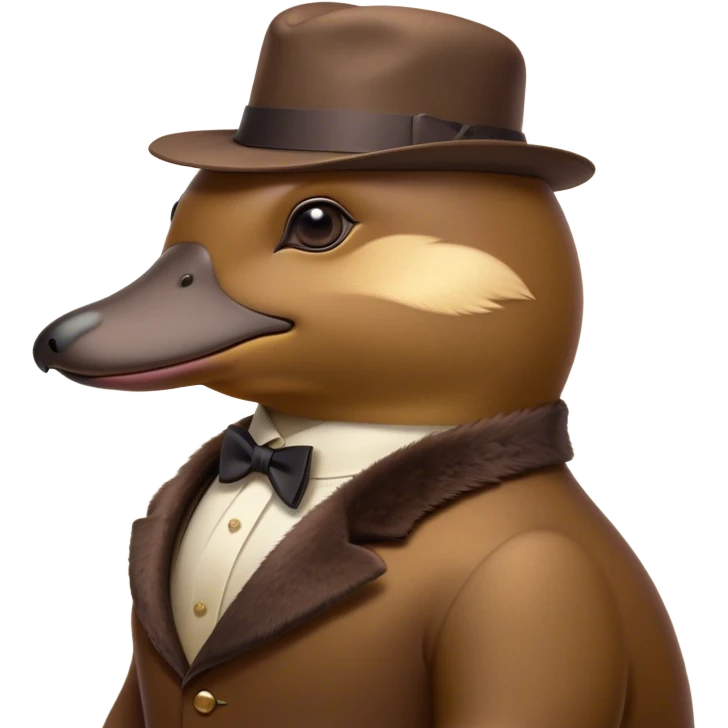 Cinematic Noble Platypus Portrait Emoji, Poised and regal, with a uniquely streamlined build and a sleek, well-groomed brown fur, a distinctive flat duckbill and broad, beaver-like tail, deep-set soulful eyes full of wonder, Simplified yet sharp and sophisticated features, highly detailed, glowing with a soft, dignified glow, high shine, intelligent and enigmatic, stylized with an air of aquatic curiosity, focused and attentive, soft glowing outline, capturing the essence of a watchful and confident oddity, so majestic it feels as though it could glide out of the screen with effortless authority! emoji