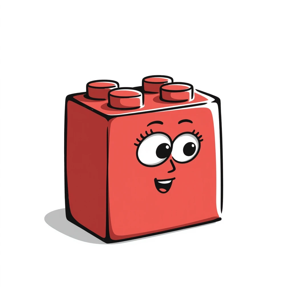 A hand-drawn red Lego-style brick with a silly cute expression emoji