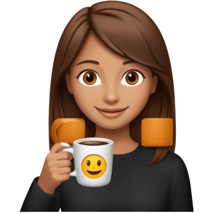 Chica con el pelo café ojos café pelo lacio con una taza de cafe emoji