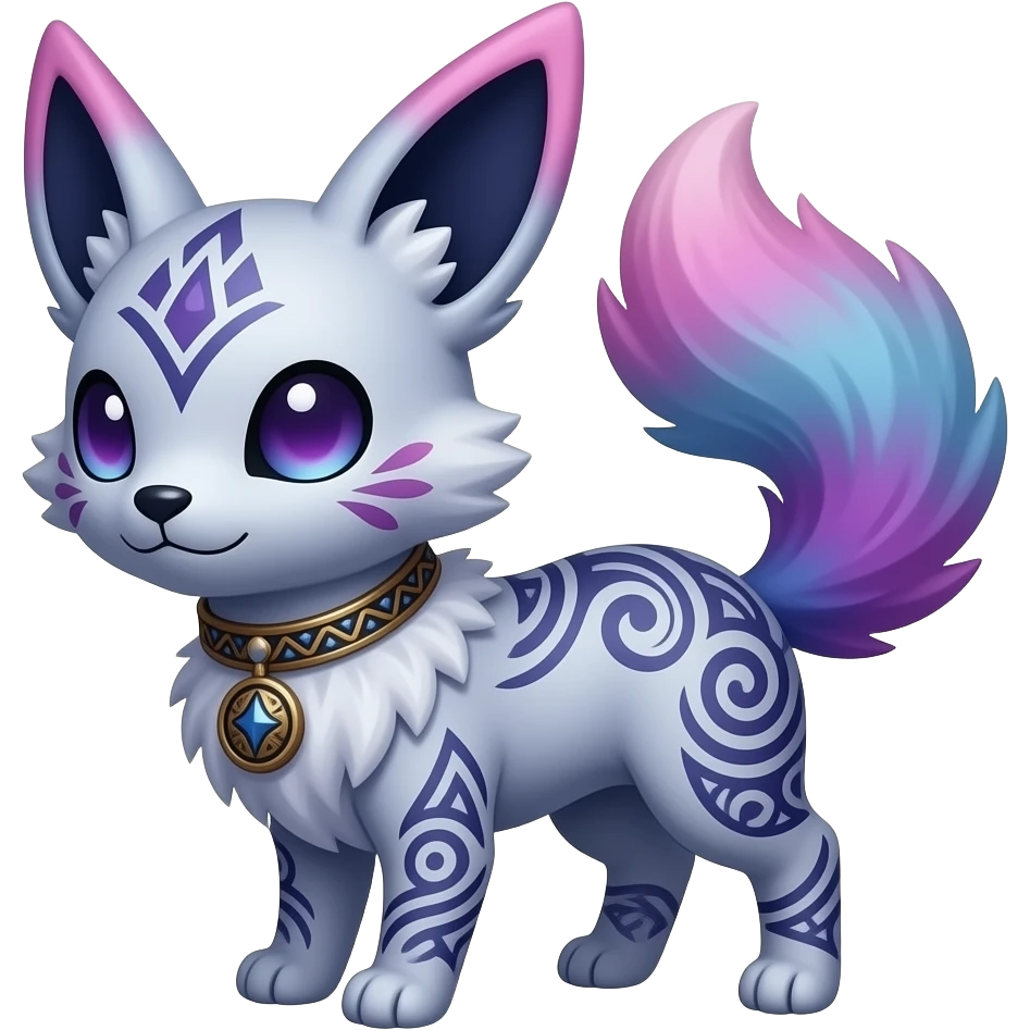 Rare colorful bluish purplish pinkish gradients furry fuzzy silvery exotic cute epic aesthetic gothic colorful Salandit-Eevee-Civet-species-Fakemon-hybrid-creature, with a collar, and with intricate tribal markings, full body emoji