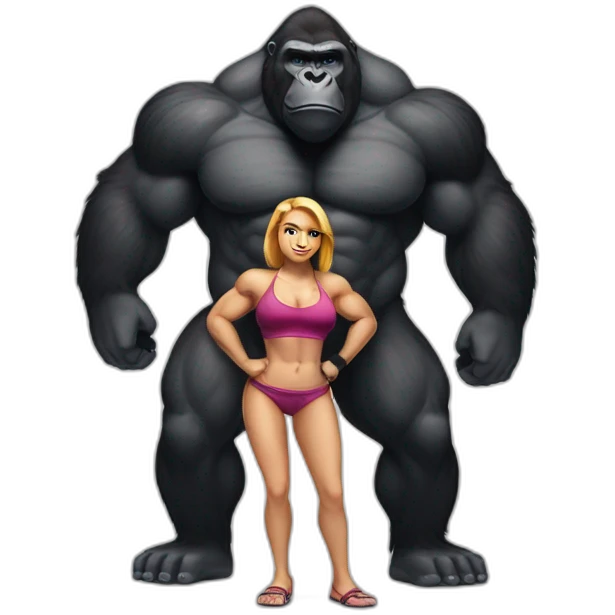 Big buff Gorilla holding a beautiful girl with a big back doing squats emoji