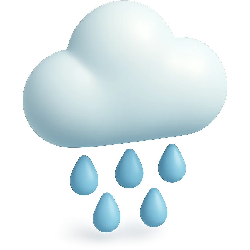 A cute cloud with rain drops falling, simplified shapes, soft pastel blue and white colors, smooth 3D texture emoji