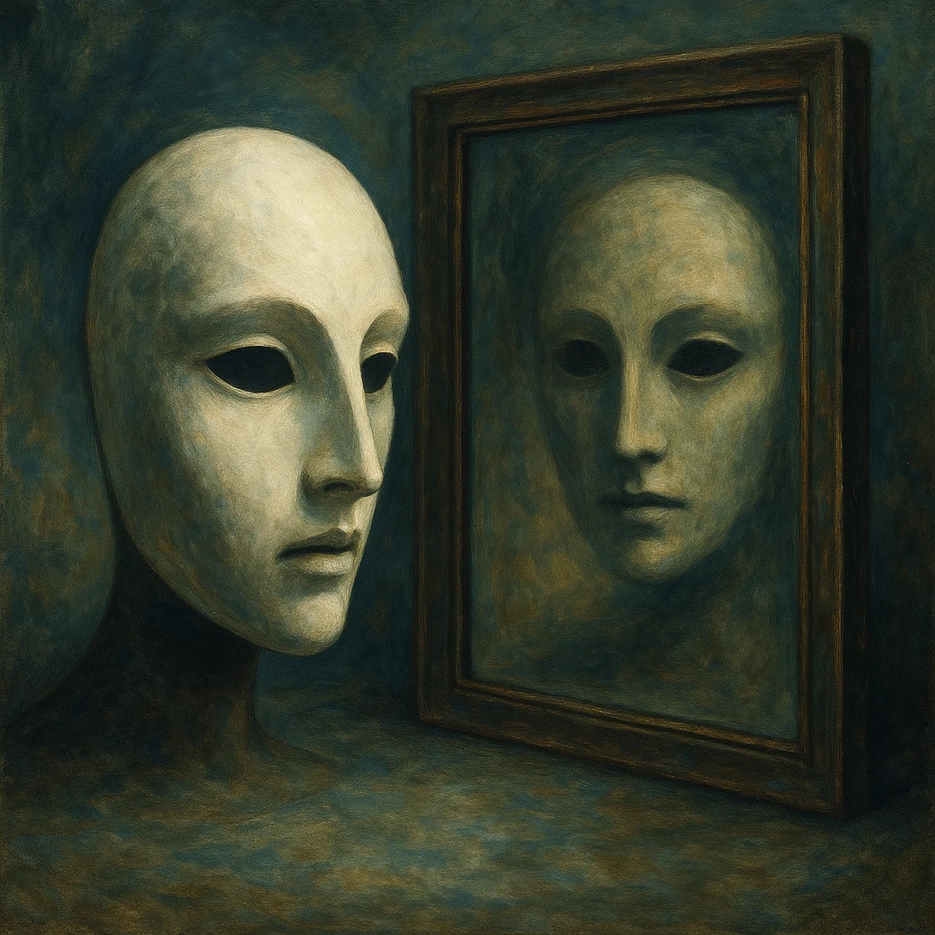 a mysterious mask and its reflection in a mirror, surreal style, dreamlike, imaginative, detailed emoji
