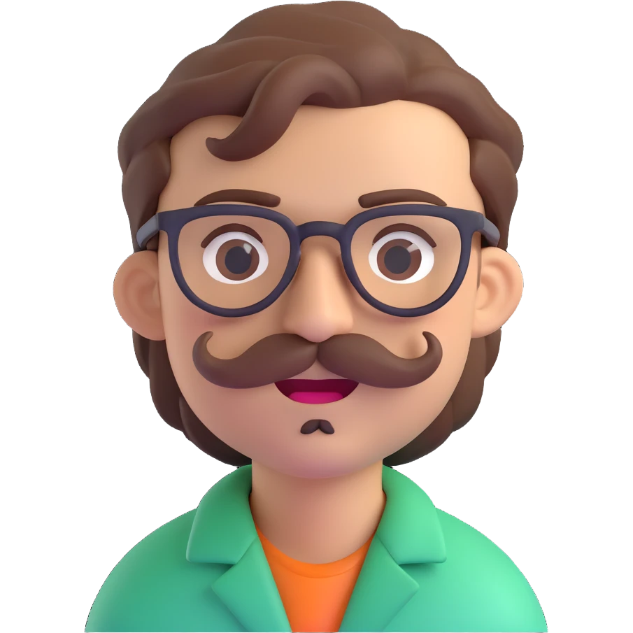 man with light skin, brown hair, mustache, and glasses, winking emoji