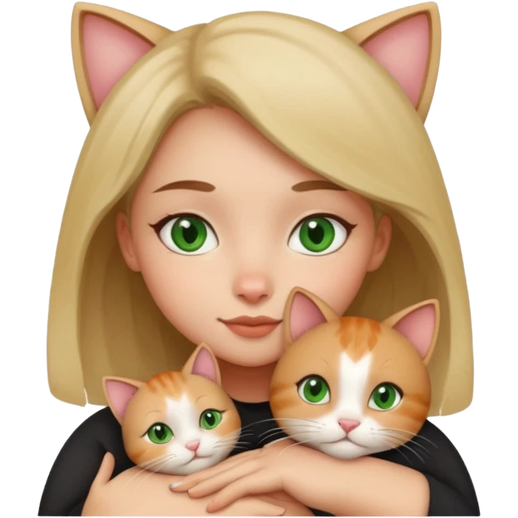A girl with a square with a mole on her right cheek and square-green eyes hugs a cat emoji