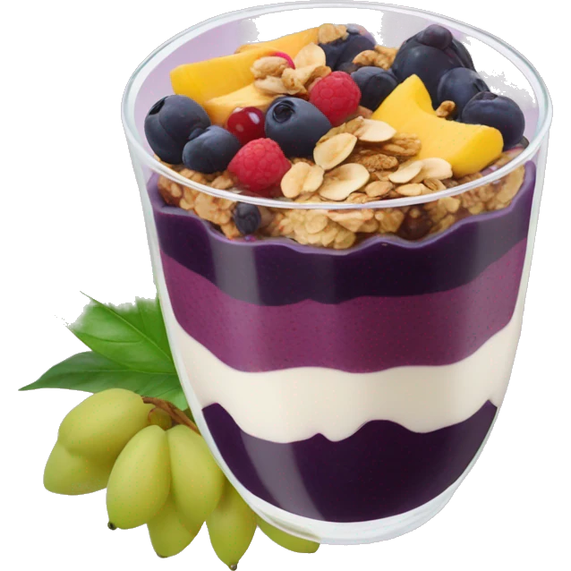 Açaí in a clear cup with layers of fruits and granola and condensed milk emoji