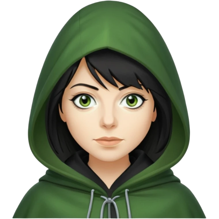 claudia winkleman as a traitor with a green hooded cloak and dark black eyeliner emoji