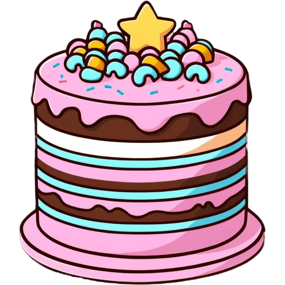 Colorful whole round layer cake with sprinkles and decorative icing emoji