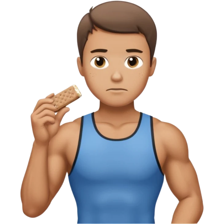 A male athlete holding a protein bar and frowning emoji