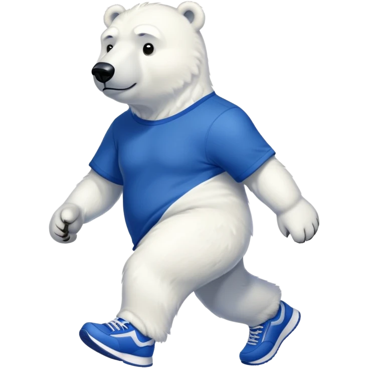 strong-looking friendly anthropomorphised polar bear walking with a confident stride, wearing a royal blue t-shirt, black pants, and trainers emoji