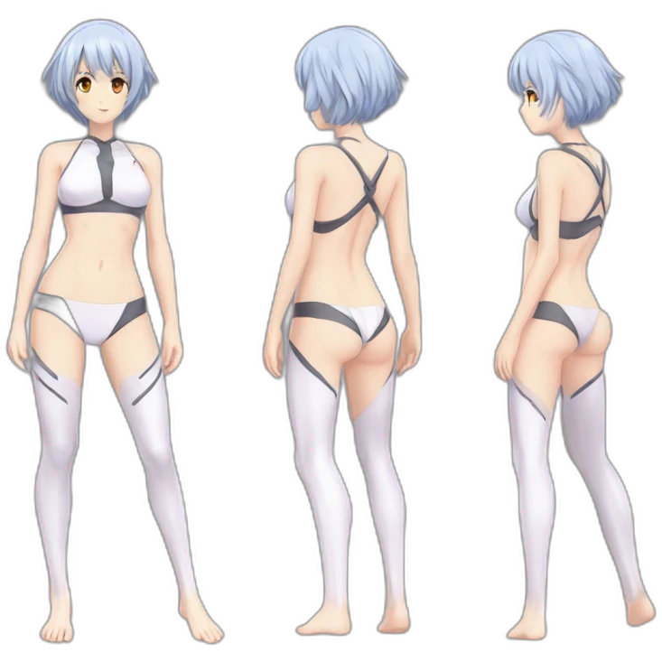 rei ayanami nue, full-body, short-hair, teen, back and front views, bikini emoji