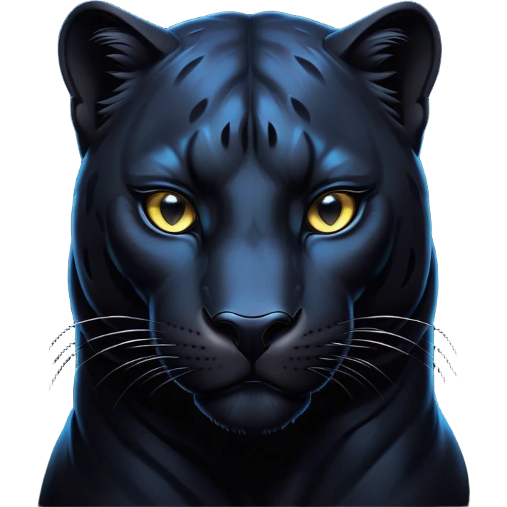 Cinematic Noble Panther Portrait Emoji, Poised and regal, with a sleek, muscular build draped in glossy, midnight-black fur and piercing, luminescent eyes, Simplified yet sharp and sophisticated features, highly detailed, glowing with a soft, mysterious glow, high shine, intelligent and enigmatic, stylized with an air of stealthy authority, focused and commanding, soft glowing outline, capturing the essence of a watchful and confident jungle guardian that appears ready to prowl out of the screen with effortless authority! emoji
