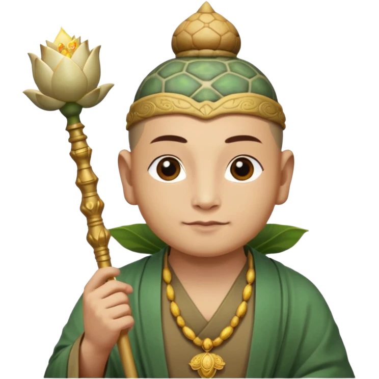man with turtle head, scepter, buddhism, lotus emoji