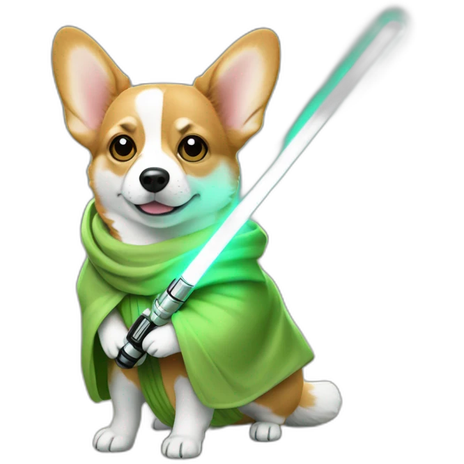 Corgi dress as yoda with one light saber green emoji