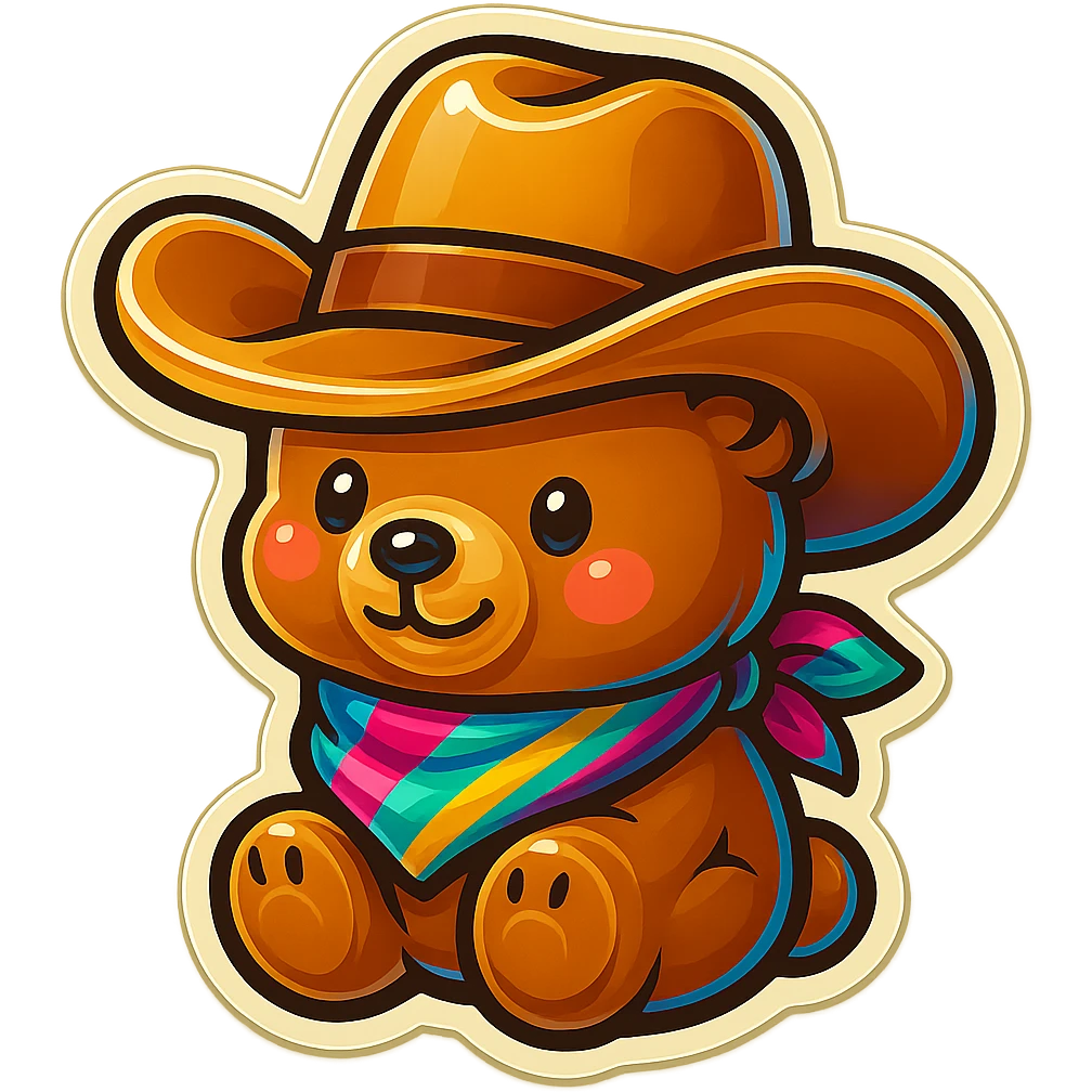 Add a colorful scarf to the playful bear character with a big hat, keep the fun and friendly retro stickers style, no background. emoji