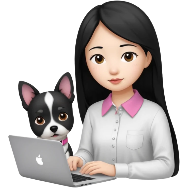 Blue back ground, Asian girl with long black hair , wearing a white shirt, working on an Apple laptop, next to her is a small black and white dog with pink collar on  emoji