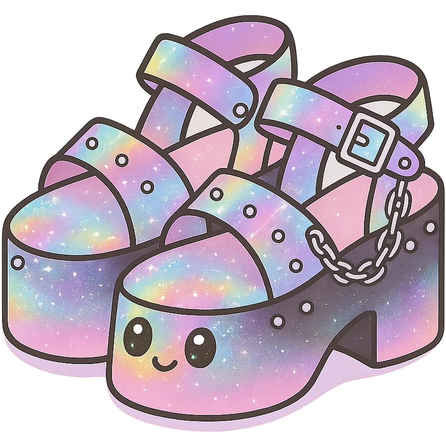 Add a holographic effect to the black-to-pastel pink gradient platform sandals with silver studs and chains, subtle glitter, kawaii style, no socks, no hearts, transparent background emoji