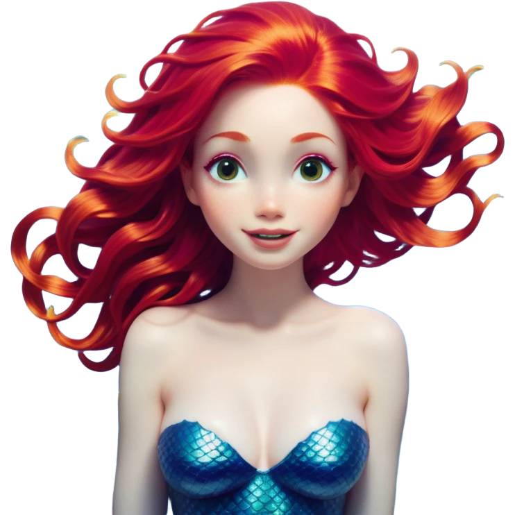 Cinematic Realistic Red Hair Mermaid Portrait, head tilted dramatically with an exaggeratedly amused expression, featuring a striking, vibrant form with meticulously detailed, flowing red hair and luminous porcelain skin. Her expressive eyes burst with playful marine mischief, rendered with dynamic underwater lighting and vibrant textures that convey an air of cheeky oceanic whimsy and over‐the‐top mermaid charm. emoji