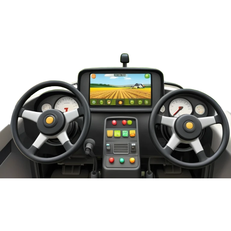 a view from the tractor cabin, with the dashboard in focus, overlooking a vibrant rural landscape. Inspired by Farming Simulator 22, the scene includes fields, crops, and distant barns under a bright sky. The design highlights the immersive experience of farm management. transparent background emoji