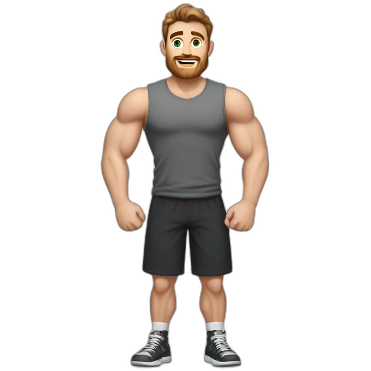Full height Actively gesturing with hands Pale skinned Fit Man With the biceps and brown hair in dark gray Sleeveless Mike, black oversize sports shorts, watch and white Sneakers emoji