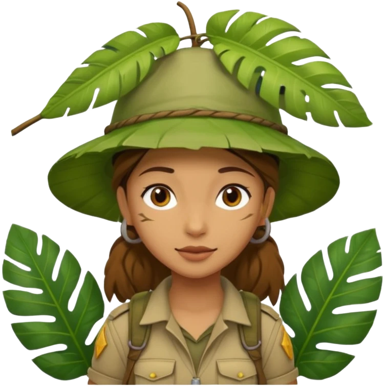 a young female explorer with jungle wearing a large leaf headgear bye and magnificer  emoji