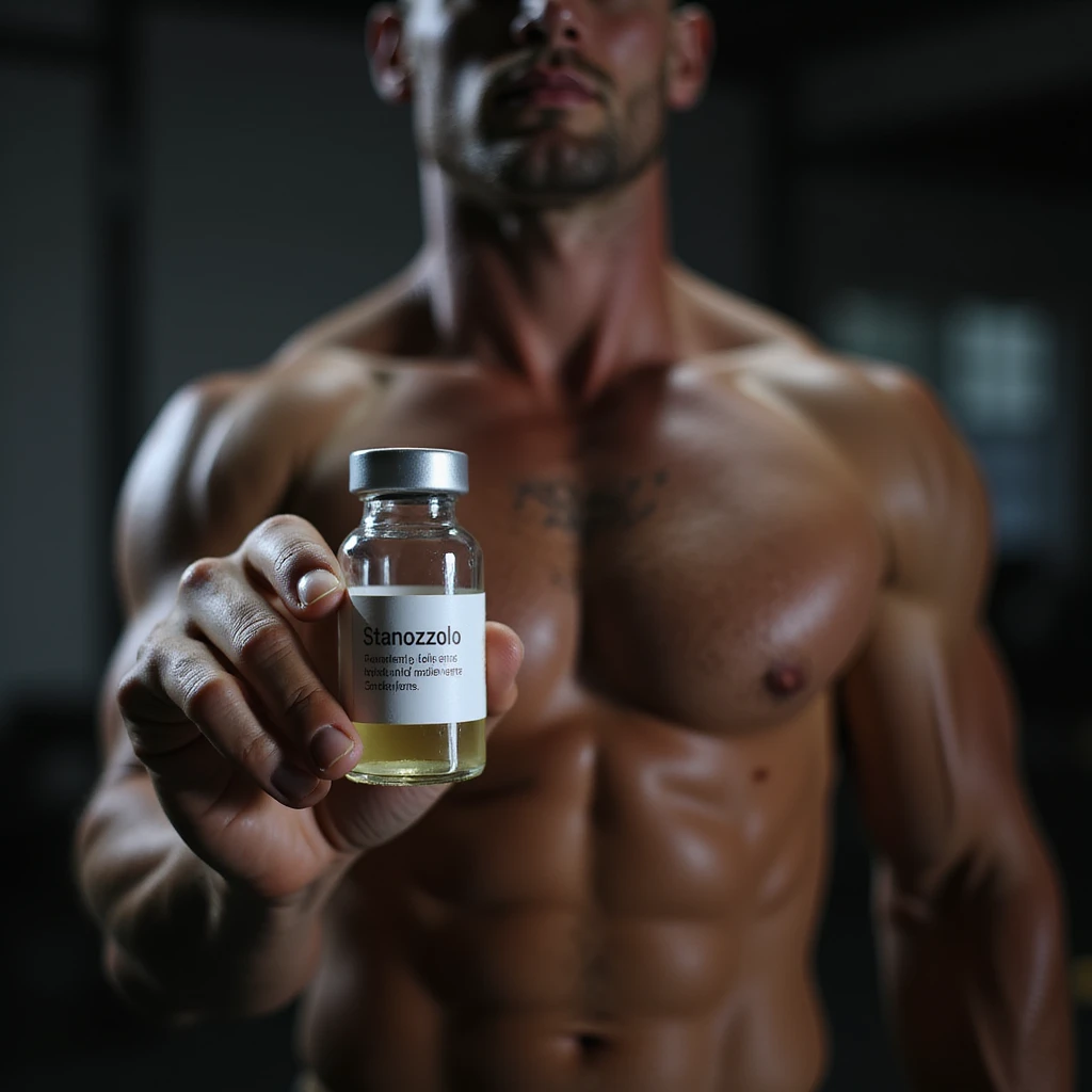 realistic photo of a serious crossfit athlete showing a vial labeled 'Stanozololo', defined muscles, intense light, gym background emoji
