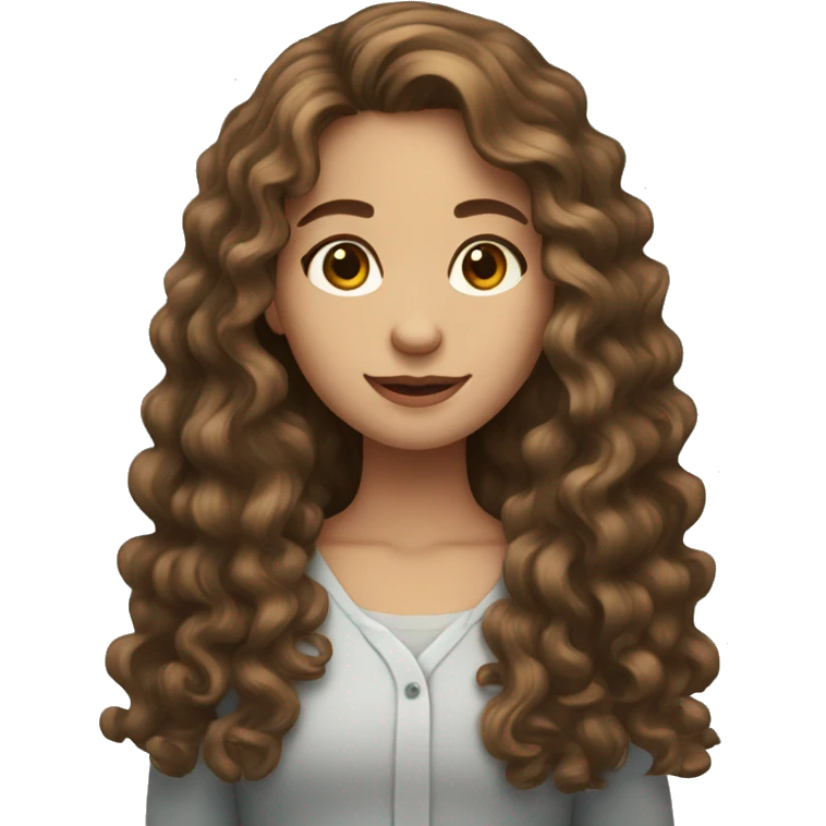 Emoji of a light brunette girl with long curly brown hair emoji