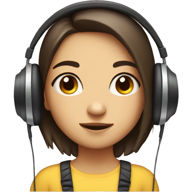  Cute girl wearing headphones but without eyes her eyes are white. One eyebrow upside other is down. In half profile emoji
