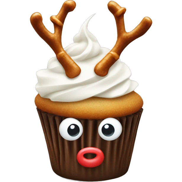 Cupcake with white frosting with pretzel antlers at the top and two little eyes with a red nose  emoji