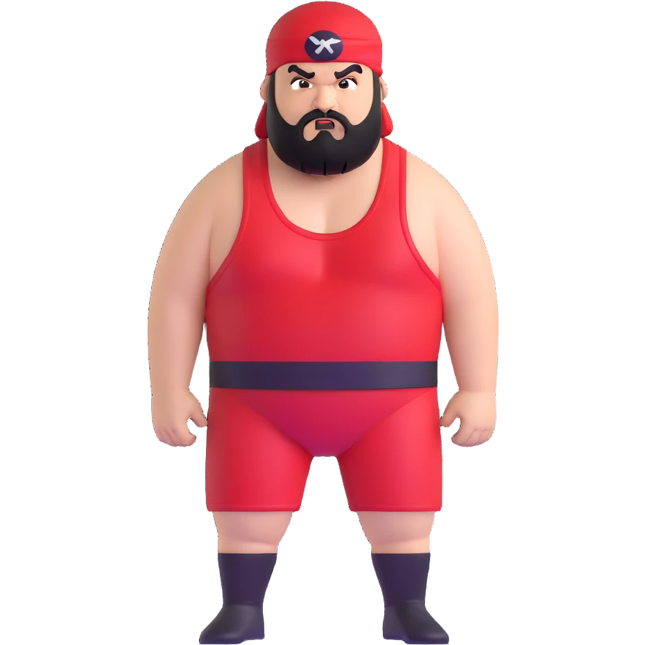 White skin fat guy with black durag, black beard, black eyes in a red and black wrestling singlet with angry face emoji